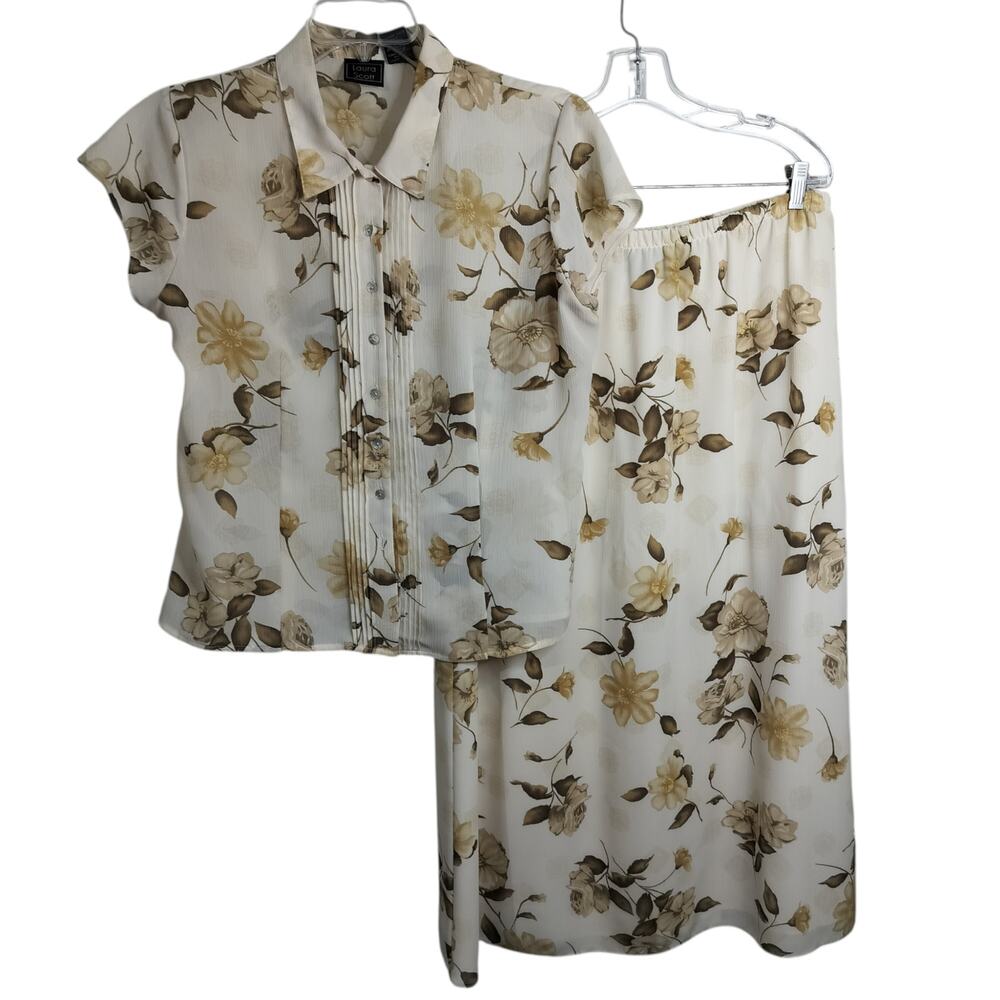 5129) Vintage 90s Laura Scott 2 Pcs Cream Floral Blouse and Skirt Set Large